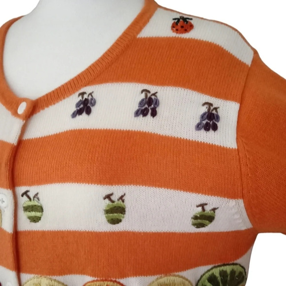 Vintage Great Cavalier Orange White Stripe Fruit Embroidered Knit Top Size Small - Picture 5 of 7